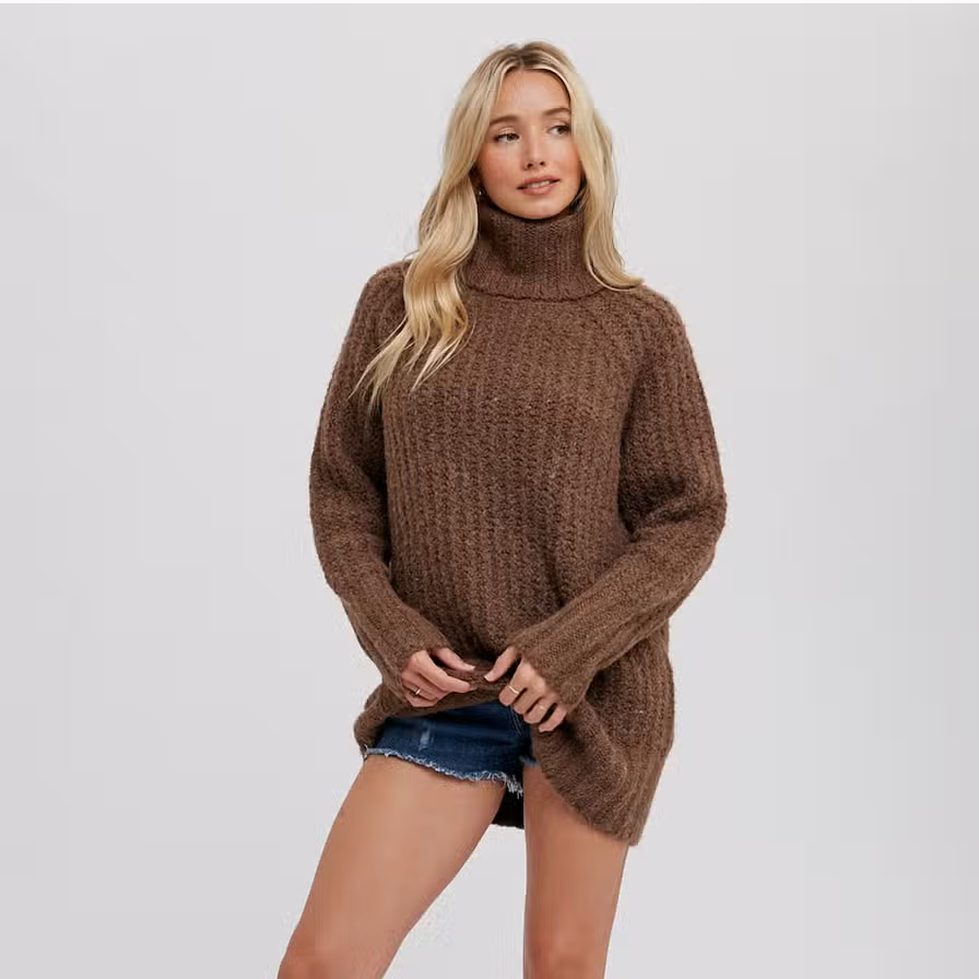 Mak Women's Chunky Oversized Turtleneck Knit Tunic Long Sweater Top MK3660 – 100% Acrylic, Casual Pullover, S M L
