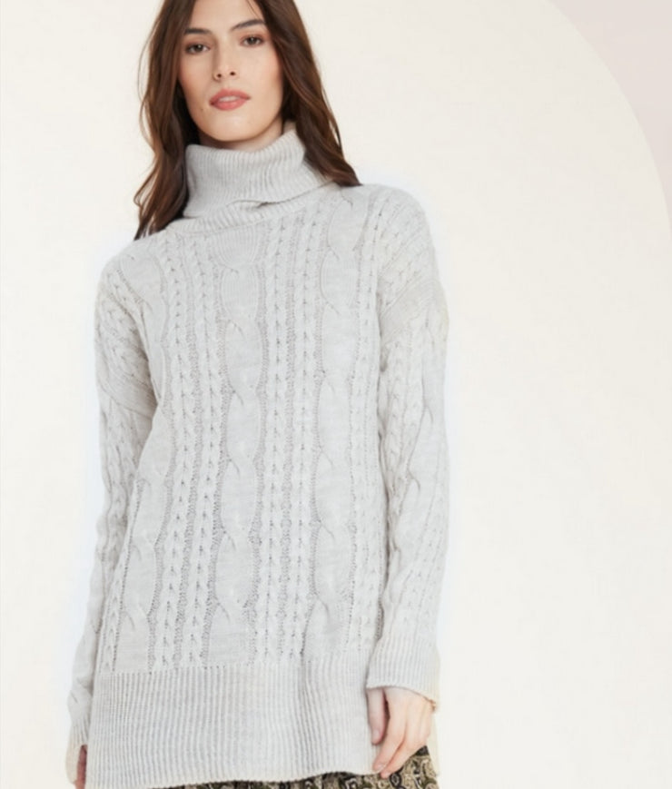 Cableknit Turtleneck with Side Slits