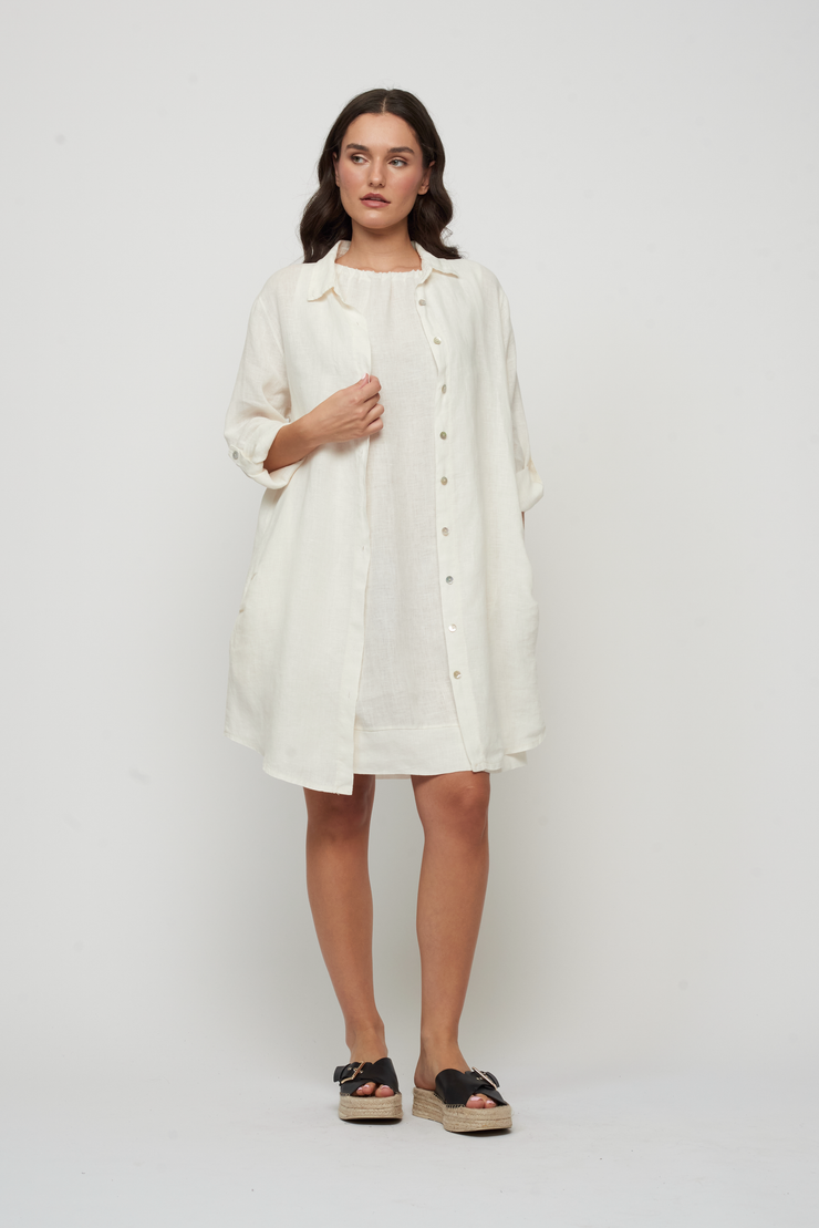 Button Down linen Blouse Dress With Pockets