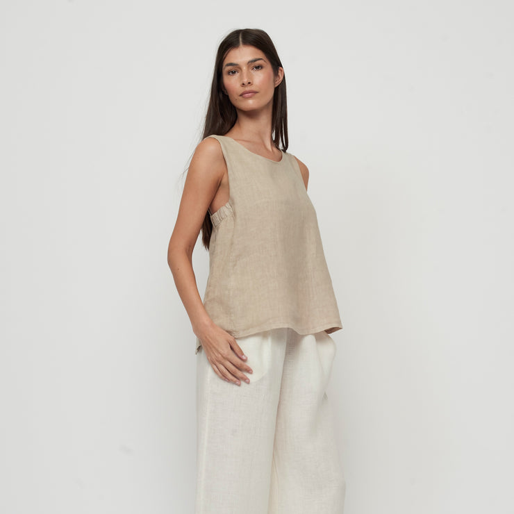 Sleeveless Linen Top With Elastic Underarms