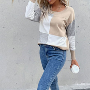 Round Neck Stitching Long Sleeve Knitted Top