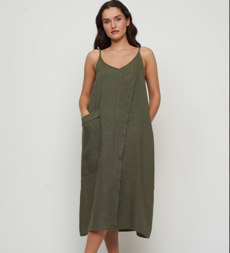 Fold Over Sleeveless Linen Dress With Patch Pocket