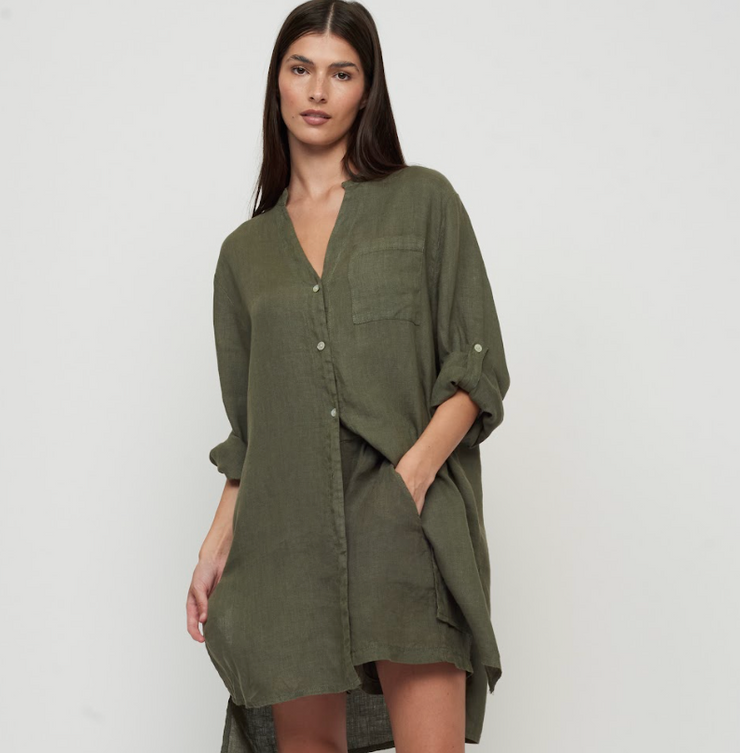 Button Down Linen Tunic With Side Slits