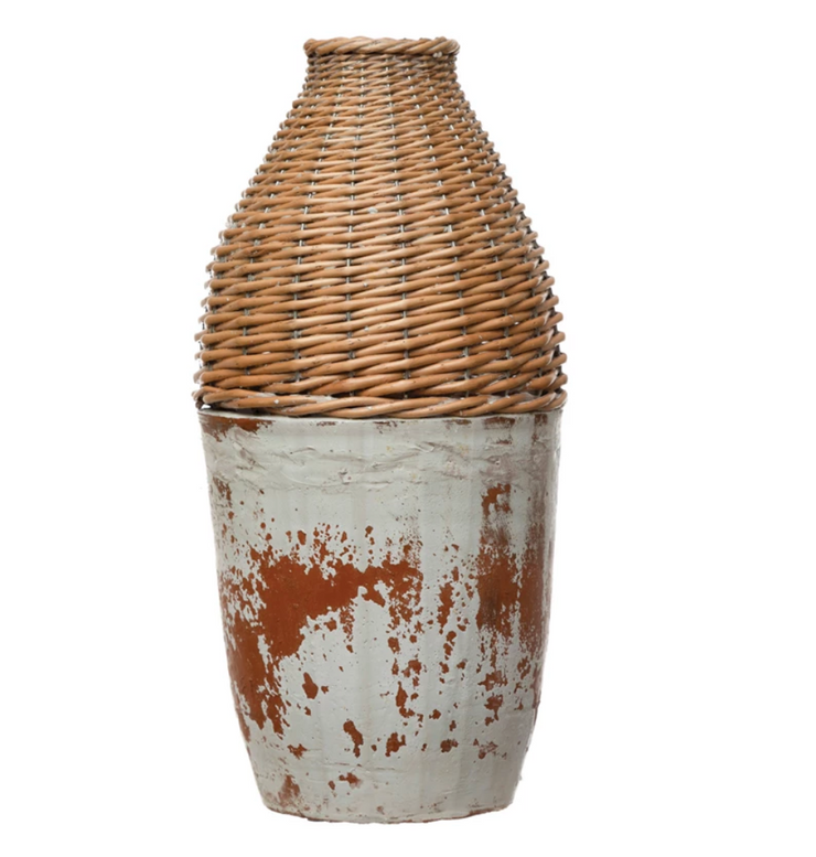 Distressed Hand-Woven Rattan and Clay Vase