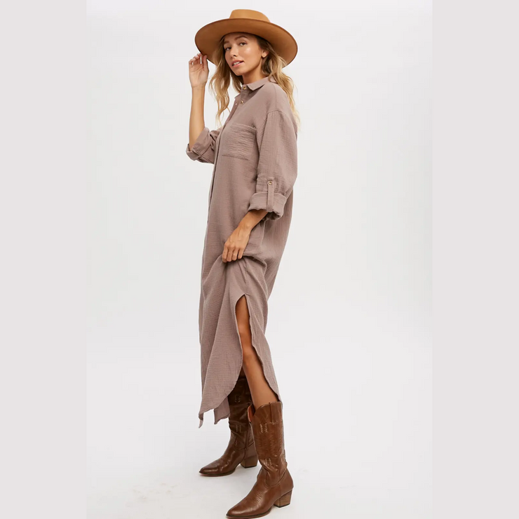 Khaki maxi shirt dress hot sale